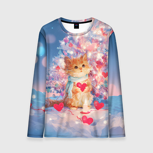 Мужской лонгслив Милый котенок и новогодняя елка / 3D-принт – фото 1