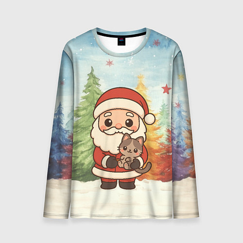 Мужской лонгслив Санта с котенком / 3D-принт – фото 1