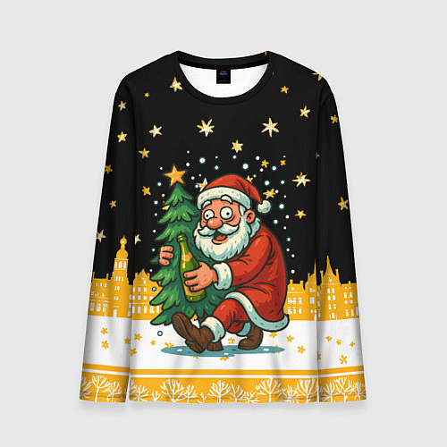 Мужской лонгслив Пьяный Санта с елкой и шампанским / 3D-принт – фото 1