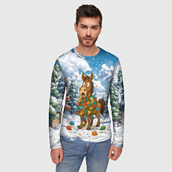 Лонгслив мужской Новогодняя лошадь в гирлянде, цвет: 3D-принт — фото 2