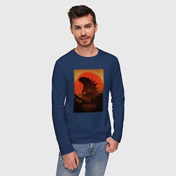 Лонгслив хлопковый мужской Godzilla and red sun, цвет: тёмно-синий — фото 2