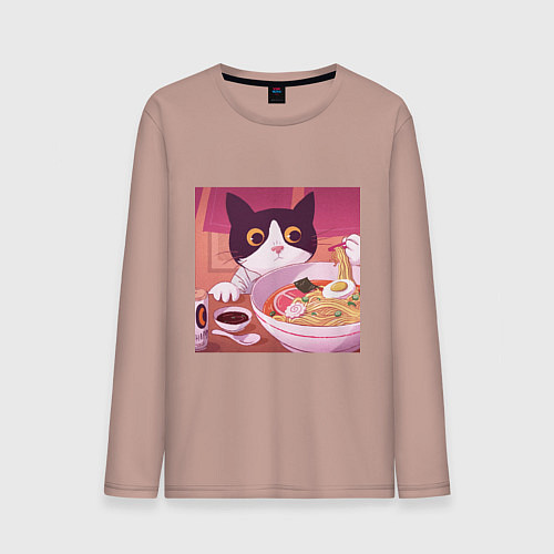 Мужской лонгслив Кот и лапша / Пыльно-розовый – фото 1