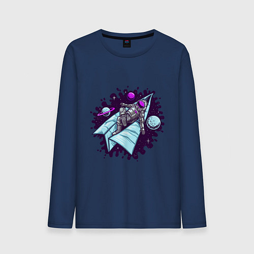 Мужской лонгслив Астронавт на самолетике / Тёмно-синий – фото 1