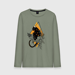 Лонгслив хлопковый мужской Cat in flowers, цвет: авокадо