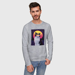 Лонгслив хлопковый мужской Synthwave cat, цвет: меланж — фото 2