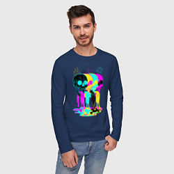 Лонгслив хлопковый мужской 4 ЧЕРЕПА SKULLS NEON, цвет: тёмно-синий — фото 2