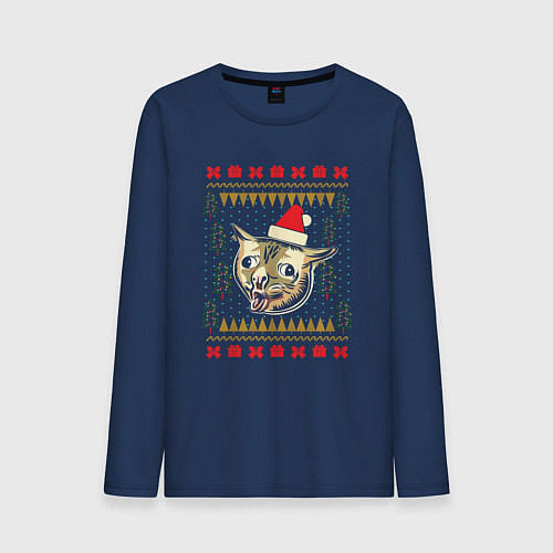 Мужской лонгслив Рождественский свитер кашляющий кот / Тёмно-синий – фото 1