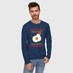 Лонгслив хлопковый мужской Рождественский свитер Кот-яичница, цвет: тёмно-синий — фото 2