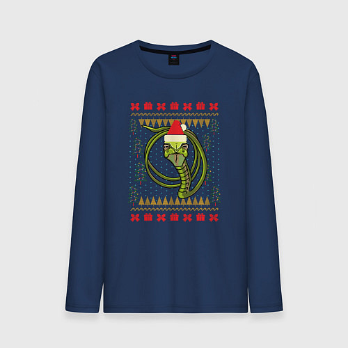 Мужской лонгслив Рождественский свитер Скептическая змея / Тёмно-синий – фото 1