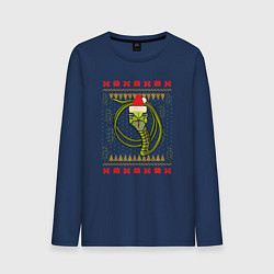 Лонгслив хлопковый мужской Рождественский свитер Скептическая змея цвета тёмно-синий — фото 1