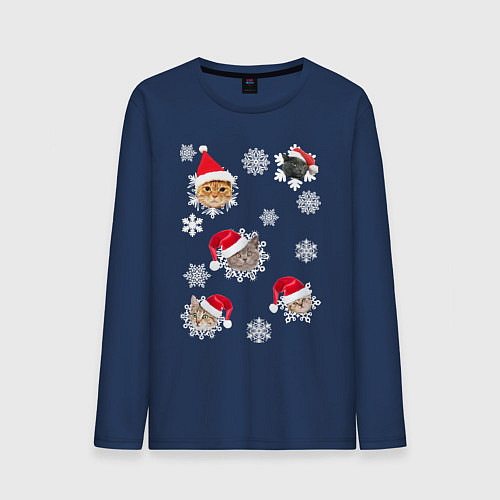 Мужской лонгслив Новогодние Коты в Шапках / Тёмно-синий – фото 1