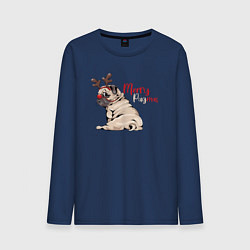 Лонгслив хлопковый мужской Merry Pugmas, цвет: тёмно-синий