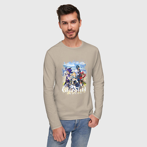 Мужской лонгслив ГЕРОИ В ТЕВАЙТЕ ГЕНШИН ИМПАКТ / Миндальный – фото 3