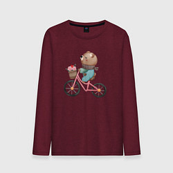 Лонгслив хлопковый мужской Медведь с цветами на велосипеде, цвет: меланж-бордовый
