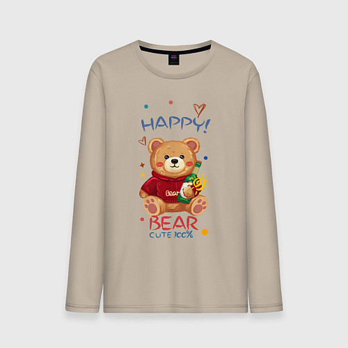 Мужской лонгслив СЧАСТЛИВЫЙ МИШКА HAPPY BEAR CUTE 100% / Миндальный – фото 1