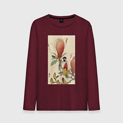 Лонгслив хлопковый мужской Sparrow on Blooming Magnolia Branch, цвет: меланж-бордовый