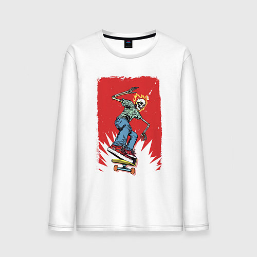 Мужской лонгслив Fire skull Skateboarding man on a red background E / Белый – фото 1