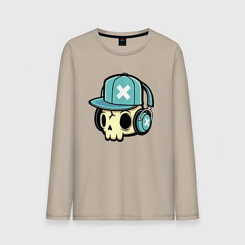 Мужской лонгслив Прикольный черепок - меломан Cool skull - music lo / Миндальный – фото 1