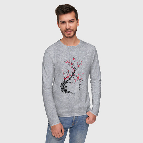 Мужской лонгслив Сакура с иероглифами / Меланж – фото 3