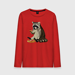 Лонгслив хлопковый мужской Енот кушает пиццу, цвет: красный