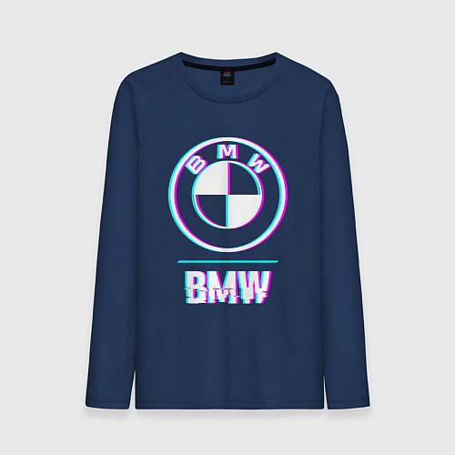 Мужской лонгслив Значок BMW в стиле glitch / Тёмно-синий – фото 1