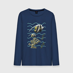 Лонгслив хлопковый мужской Морская тематика Рыбки Морские обитатели Коралл,во, цвет: тёмно-синий