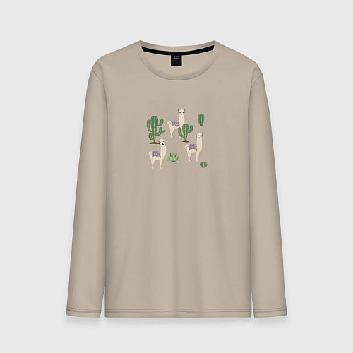 Мужской лонгслив Три ламы среди кактусов гуляют / Миндальный – фото 1