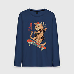 Лонгслив хлопковый мужской Кот самурай скейтбордист, цвет: тёмно-синий