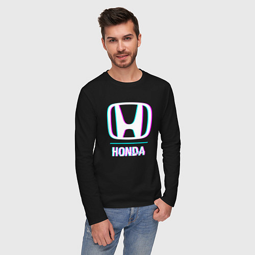 Мужской лонгслив Значок Honda в стиле glitch / Черный – фото 3