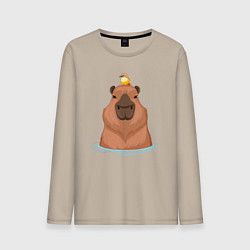 Лонгслив хлопковый мужской Капибара и птичка, цвет: миндальный