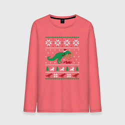 Лонгслив хлопковый мужской Новогодний тирекс - ugly sweater, цвет: коралловый