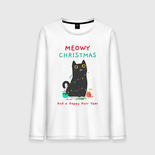 Мужской лонгслив Meowy Christmas and a happy purr year / Белый – фото 1