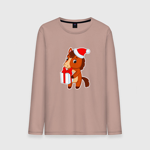 Мужской лонгслив Мультяшная лошадка в шапке Санты / Пыльно-розовый – фото 1