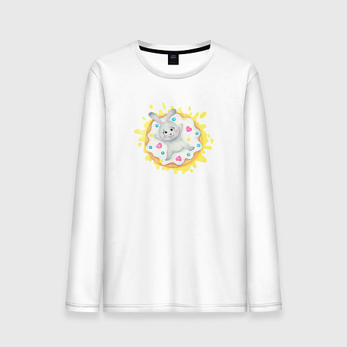 Мужской лонгслив Зайка сладкоежка на большом пончике / Белый – фото 1