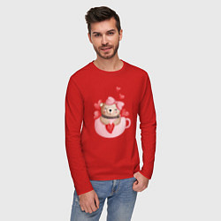 Лонгслив хлопковый мужской Мишка в кружке с сердечком, цвет: красный — фото 2