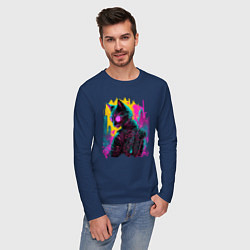 Лонгслив хлопковый мужской Киберпанк кот в очках, цвет: тёмно-синий — фото 2