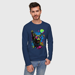 Лонгслив хлопковый мужской Кот тусовщик, цвет: тёмно-синий — фото 2