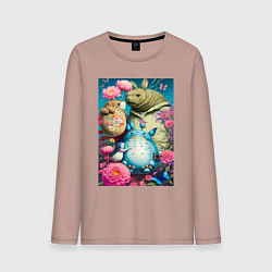Лонгслив хлопковый мужской Мой сосед Тоторо - живописная фантазия - нейросеть, цвет: пыльно-розовый