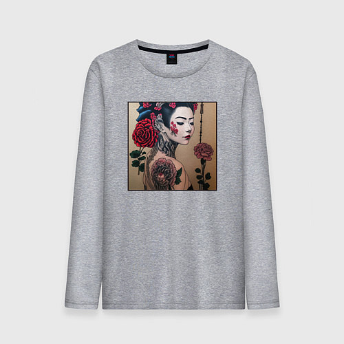 Мужской лонгслив Irezumi - гейша с татуировкой и розами / Меланж – фото 1