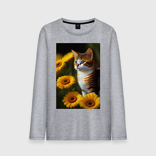 Мужской лонгслив Red cat in flowers / Меланж – фото 1