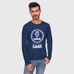 Лонгслив хлопковый мужской Значок Saab в стиле glitch, цвет: тёмно-синий — фото 2