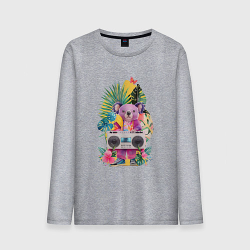 Мужской лонгслив Розовая коала с бумбоксом и тропическими листьями / Меланж – фото 1
