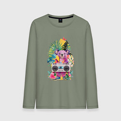 Лонгслив хлопковый мужской Розовая коала с бумбоксом и тропическими листьями, цвет: авокадо