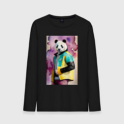 Лонгслив хлопковый мужской Панда в модной куртке - акварель, цвет: черный