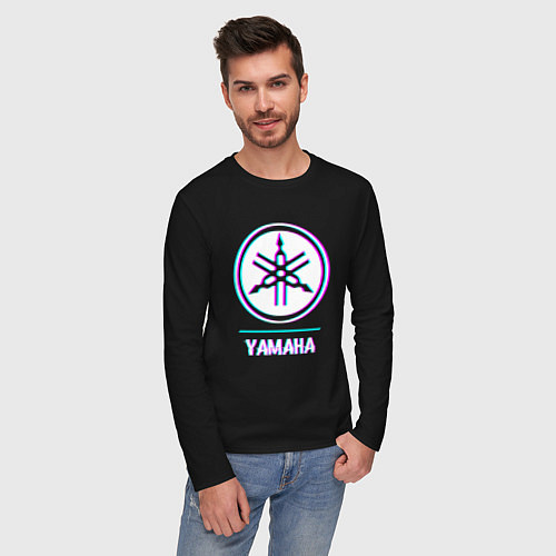 Мужской лонгслив Значок Yamaha в стиле glitch / Черный – фото 3