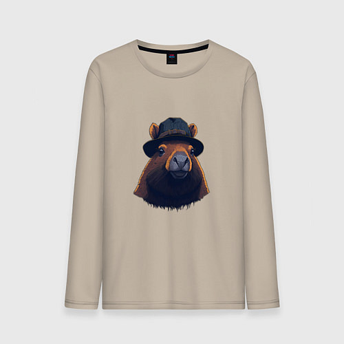 Мужской лонгслив Портрет капибары в шляпе / Миндальный – фото 1