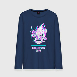 Лонгслив хлопковый мужской Cyberpunk 2077 в стиле glitch и баги графики, цвет: тёмно-синий