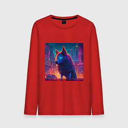 Лонгслив хлопковый мужской Волк в неоновом киберпанк-городе, цвет: красный