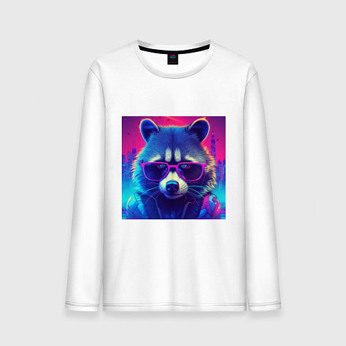 Мужской лонгслив Енот в очках и куртке на фоне неонового киберпанк- / Белый – фото 1