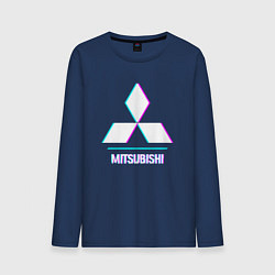 Лонгслив хлопковый мужской Значок Mitsubishi в стиле glitch, цвет: тёмно-синий